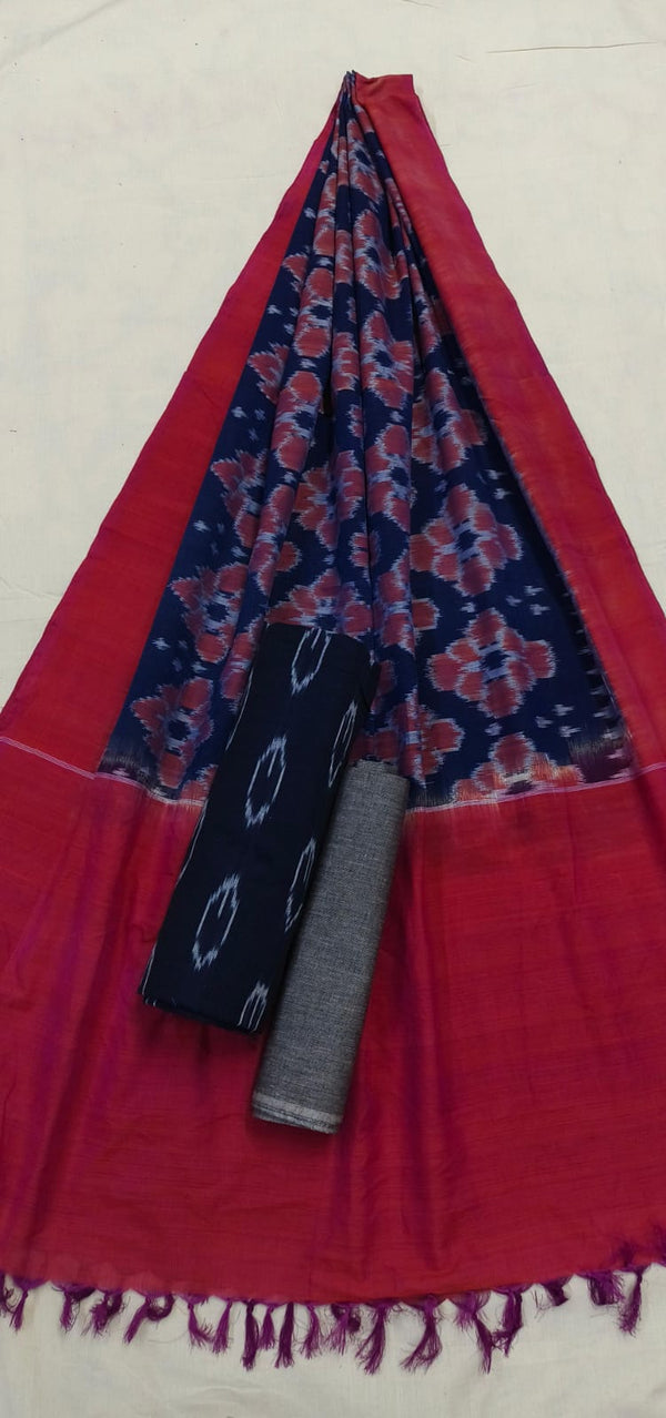 Pure Cotton Doubel Ikat Unstitched Suit With Ikat Cotton Dupatta