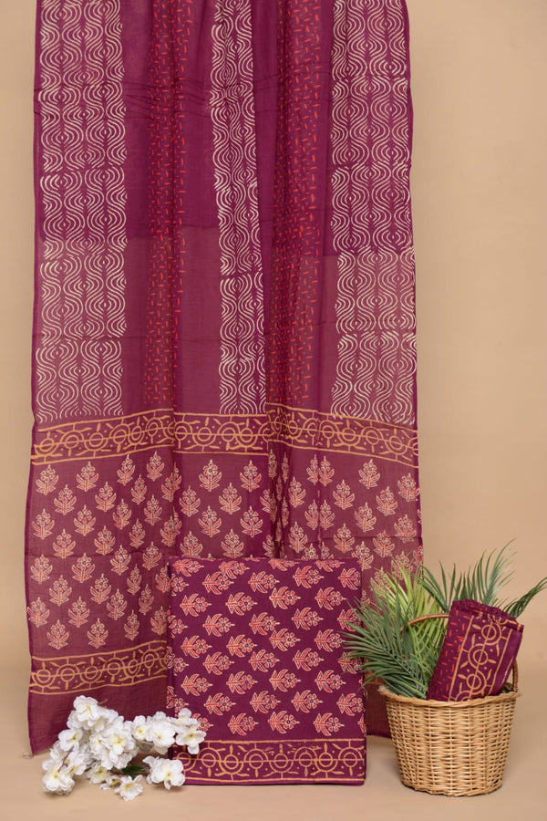 Pure Cotton Jaipuri Hand Block Print Unstitched Suit With Mul Cotton Dupatta.