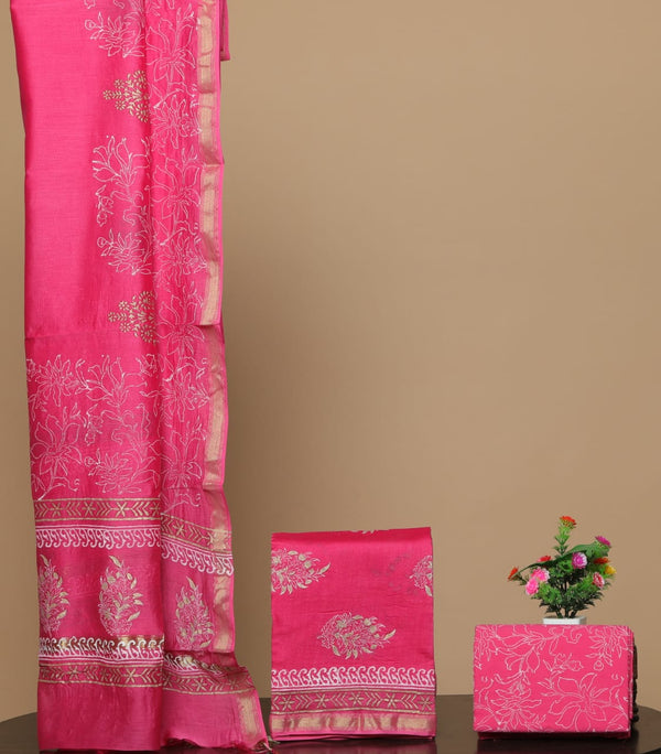 Pure Hand Block Chanderi Silk Unstitched Suit With Chanderi Dupatta