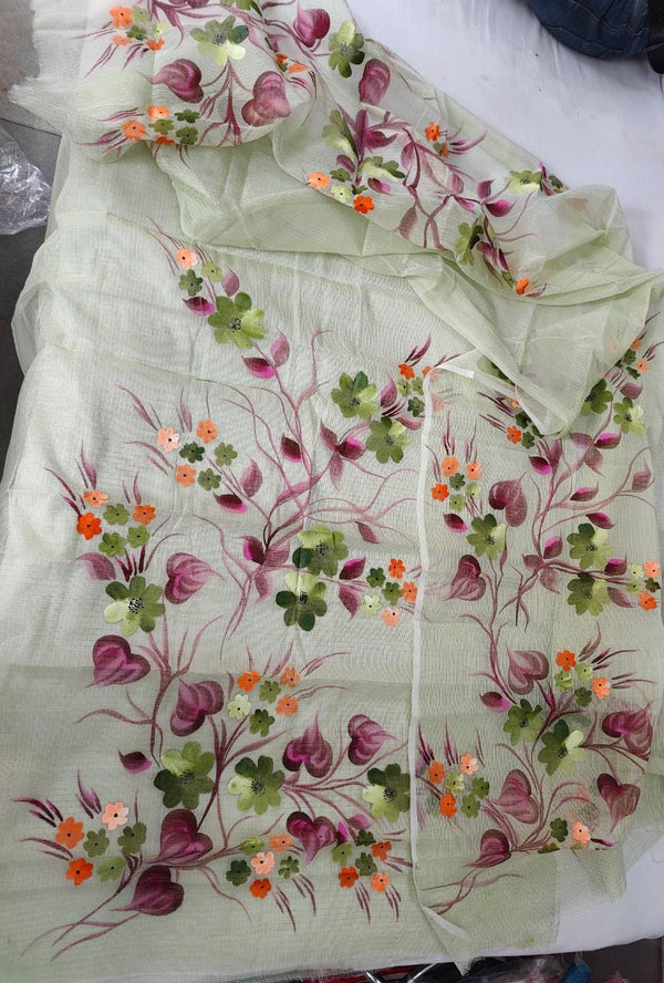 Pure Kota Doriya Hand Brush Print Unstitched Suit With Dupatta & Bottom