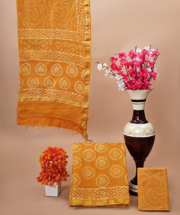 Pure Hand Block Chanderi Silk Unstitched Suit With Chanderi Dupatta