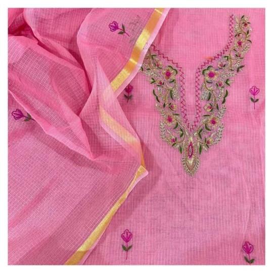 Pure Kota Doriya Embroidery Unstitched Suit With Dupatta & Bottom