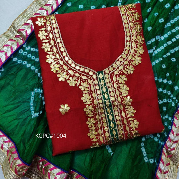 Red Color Chanderi Gota Patti Work Unstitched Suit With Bandhej Gota Patti Work Dupatta