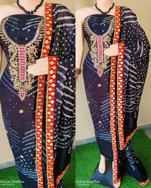 Black Color Bandhej Gota Patti Work Unstitched Suit With Bandhej Gota Patti Work Dupatta