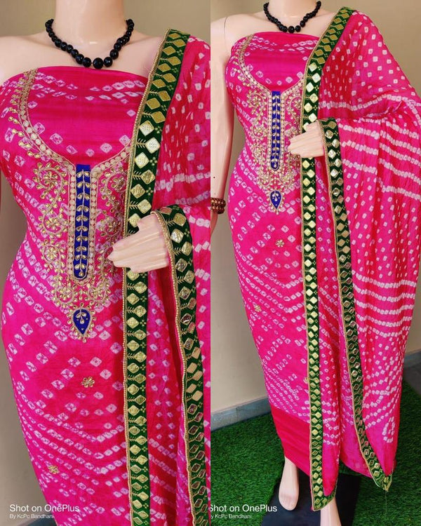 Pink Color Bandhej Gota Patti Work Unstitched Suit With Bandhej Gota Patti Work Dupatta