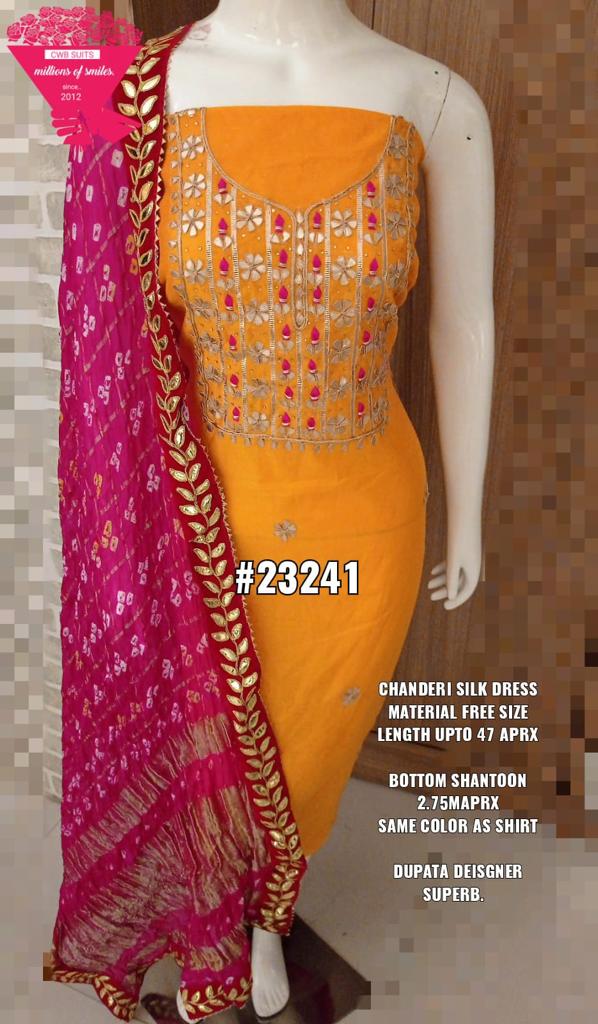 Yellow Color Chanderi Gota Patti Work Unstitched Suit With Bandhej Gota Patti Work Dupatta