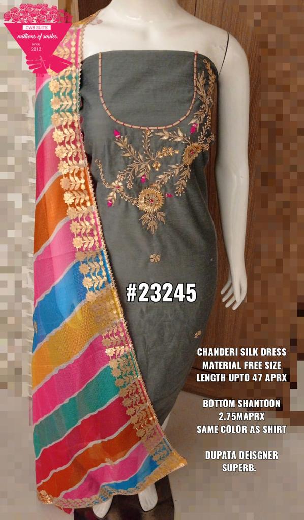 Gray Color Chanderi Gota Patti Work Unstitched Suit With Leheriya Gota Patti Work Dupatta