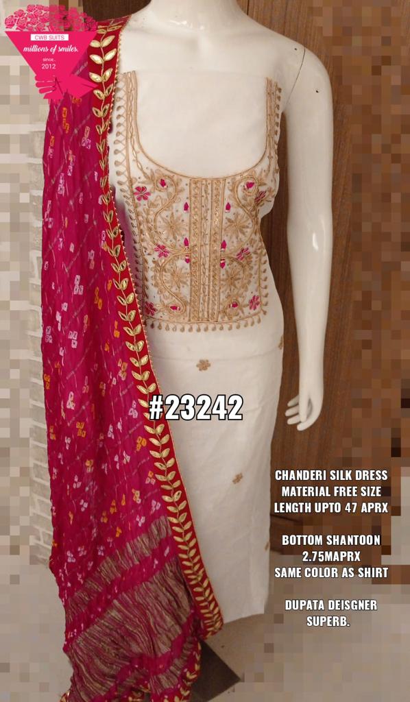 White Color Chanderi Gota Patti Work Unstitched Suit With Bandhej Gota Patti Work Dupatta