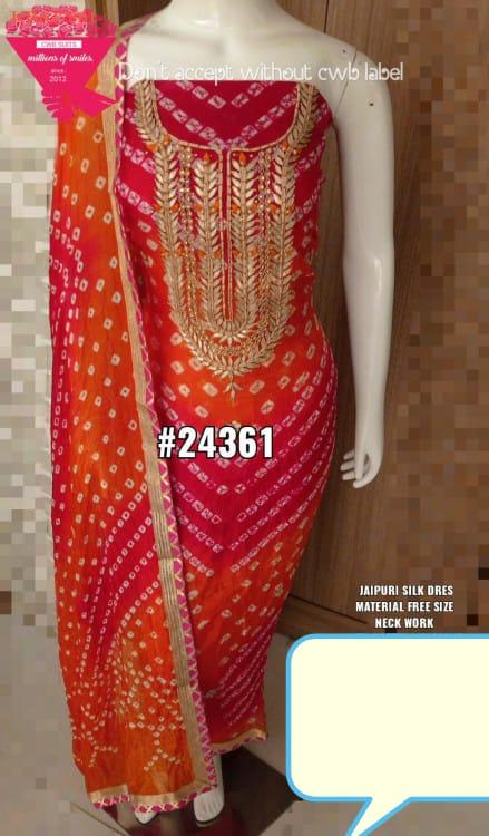 Orange Color Bandhej Gota Patti Work Unstitched Suit With Bandhej Gota Patti Work Dupatta