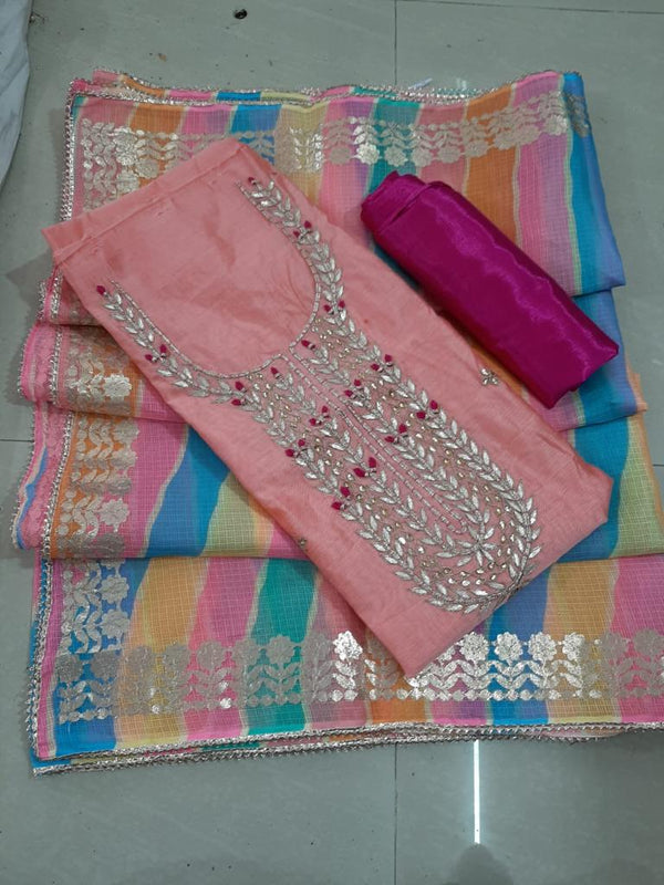 Pink Color Chanderi Gota Patti Work Unstitched Suit With Leheriya Gota Patti Work Dupatta