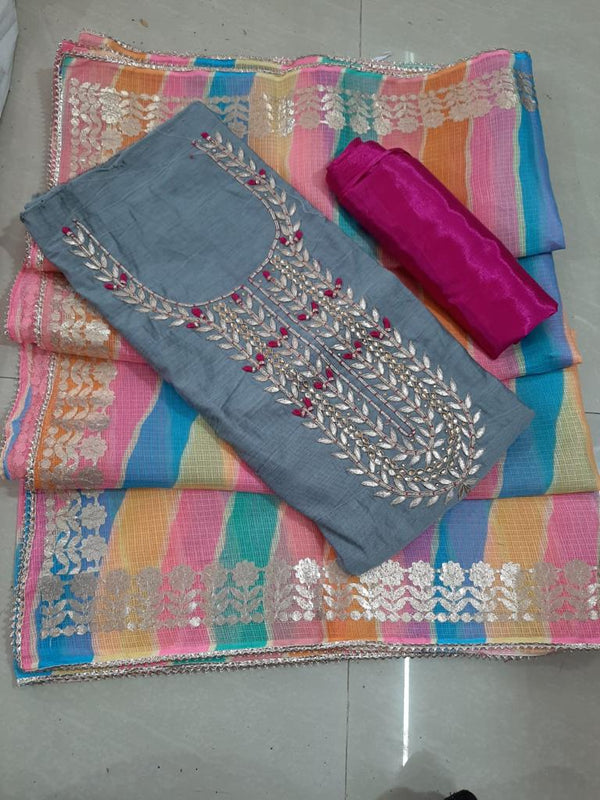 Gray Color Chanderi Gota Patti Work Unstitched Suit With Leheriya Gota Patti Work Dupatta