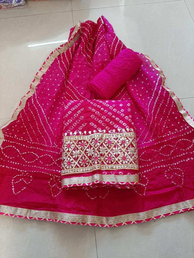 Pink Color Bandhej Gota Patti Work Unstitched Suit With Bandhej Gota Patti Work Dupatta