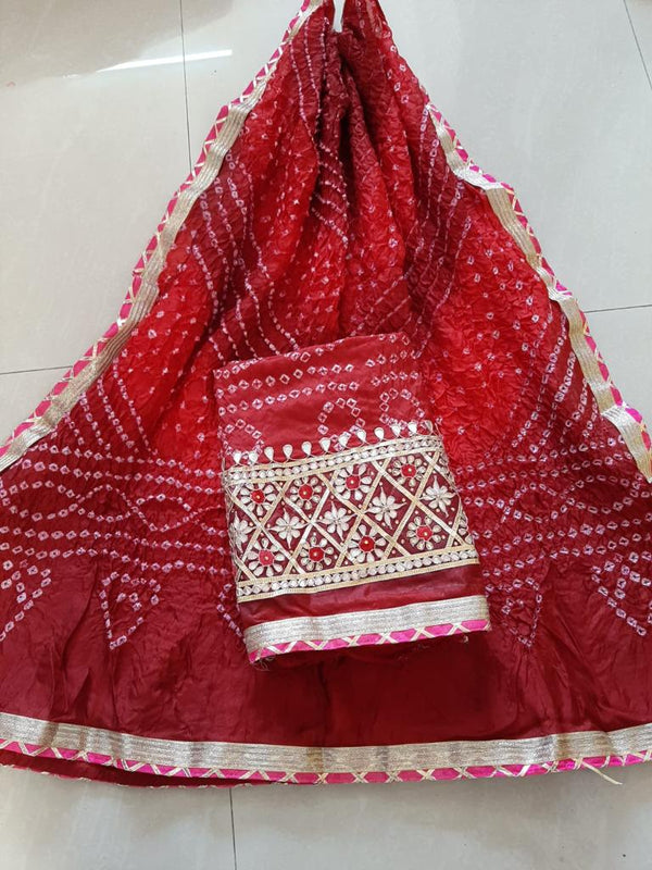 Red Color Bandhej Gota Patti Work Unstitched Suit With Bandhej Gota Patti Work Dupatta