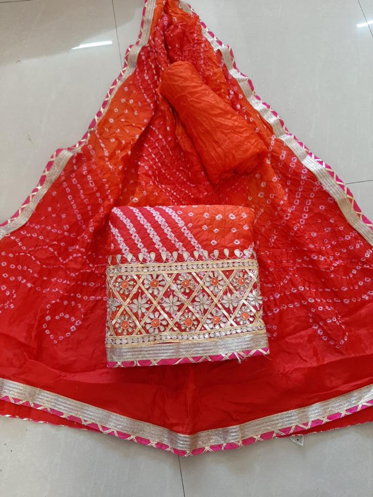 Orange Color Bandhej Gota Patti Work Unstitched Suit With Bandhej Gota Patti Work Dupatta