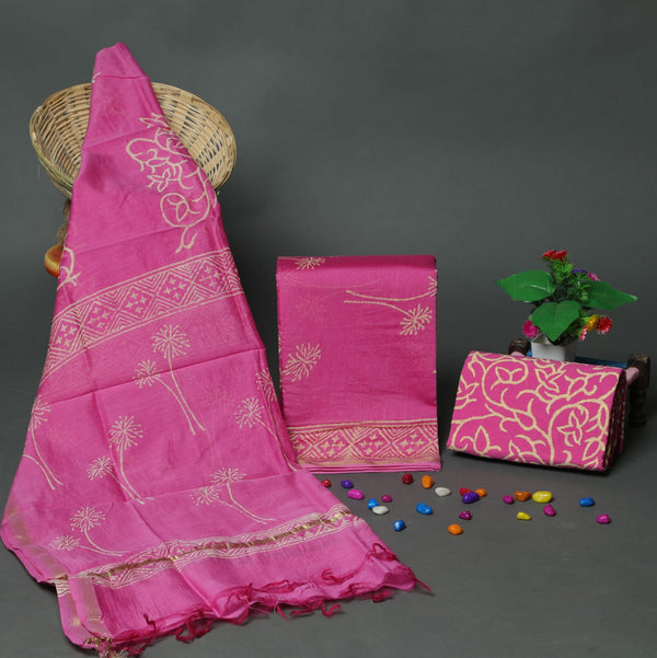 Pure Hand Block Chanderi Silk Unstitched Suit With Chanderi Dupatta