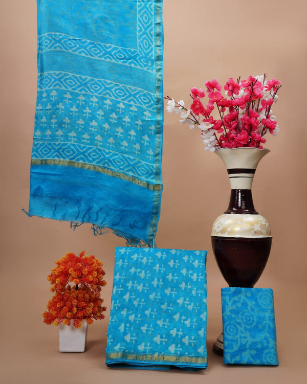 Pure Hand Block Chanderi Silk Unstitched Suit With Chanderi Dupatta