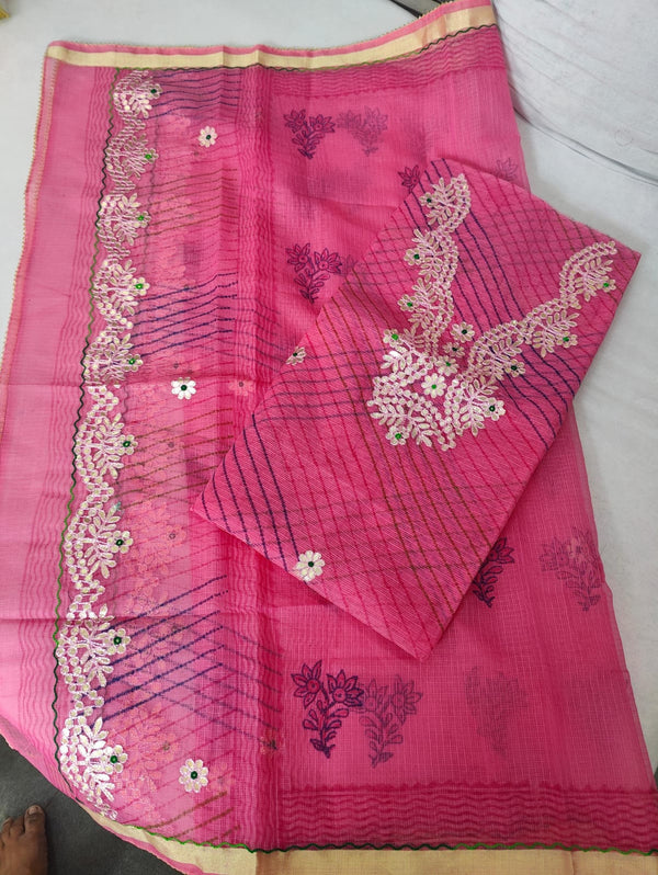 Pure Kota Doriya Gotta Patti Work Leheriya Print Unstitched Suit With Dupatta & Bottom