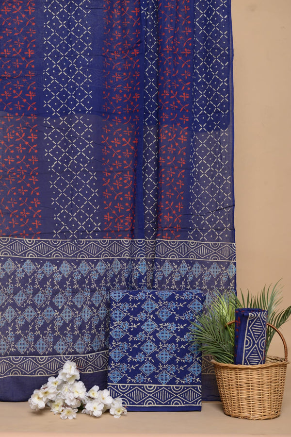 Pure Cotton Jaipuri Hand Block Print Unstitched Suit With Mul Cotton Dupatta.