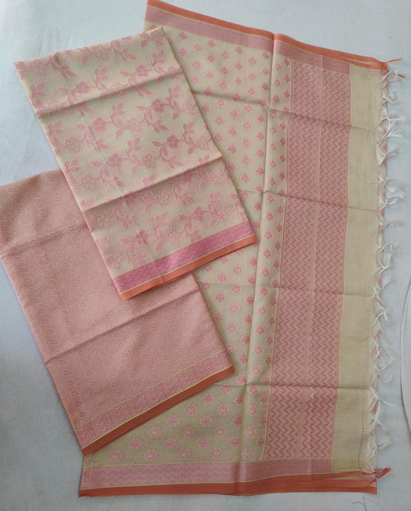 Pure Kota Doriya Woven Zari Work Unstitched Suit With Dupatta & Bottom