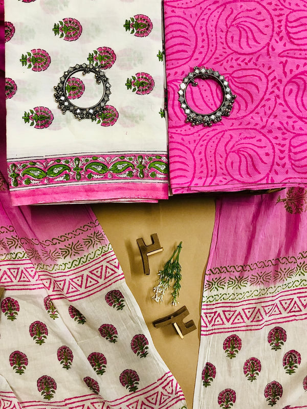 Pure Cotton Jaipuri Hand Block Print Unstitched Suit With Mul Cotton Dupatta.