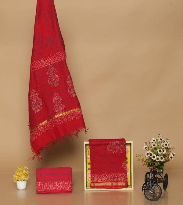 Pure Hand Block Chanderi Silk Unstitched Suit With Chanderi Dupatta