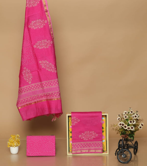 Pure Hand Block Chanderi Silk Unstitched Suit With Chanderi Dupatta