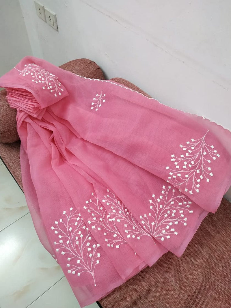 Pure Kota Doriya Cotton Embroidery Work Saree With Blouse