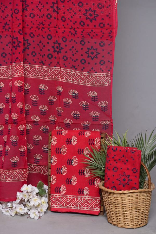 Pure Cotton Jaipuri Hand Block Print Unstitched Suit With Mul Cotton Dupatta.