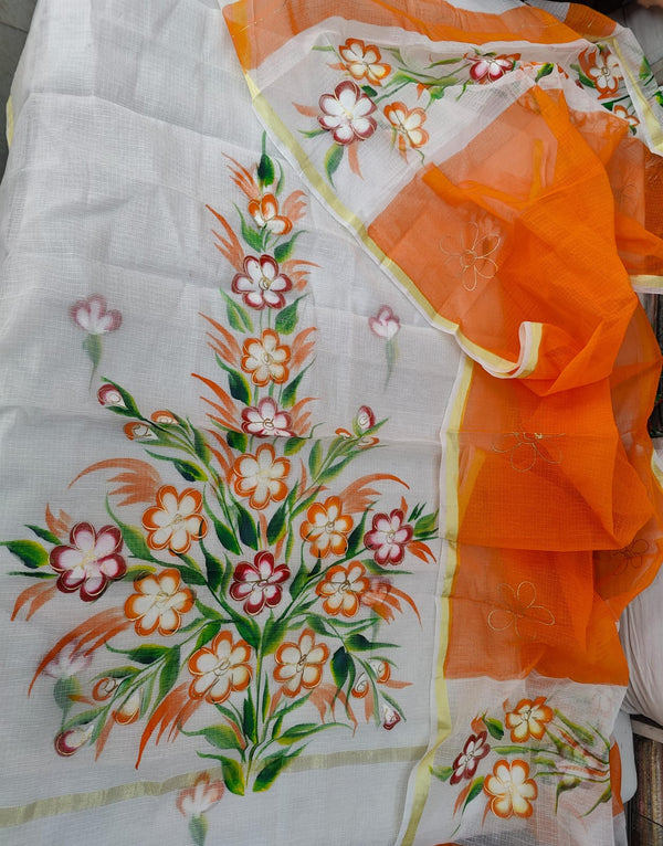 Pure Kota Doriya Hand Brush Print Unstitched Suit With Dupatta & Bottom