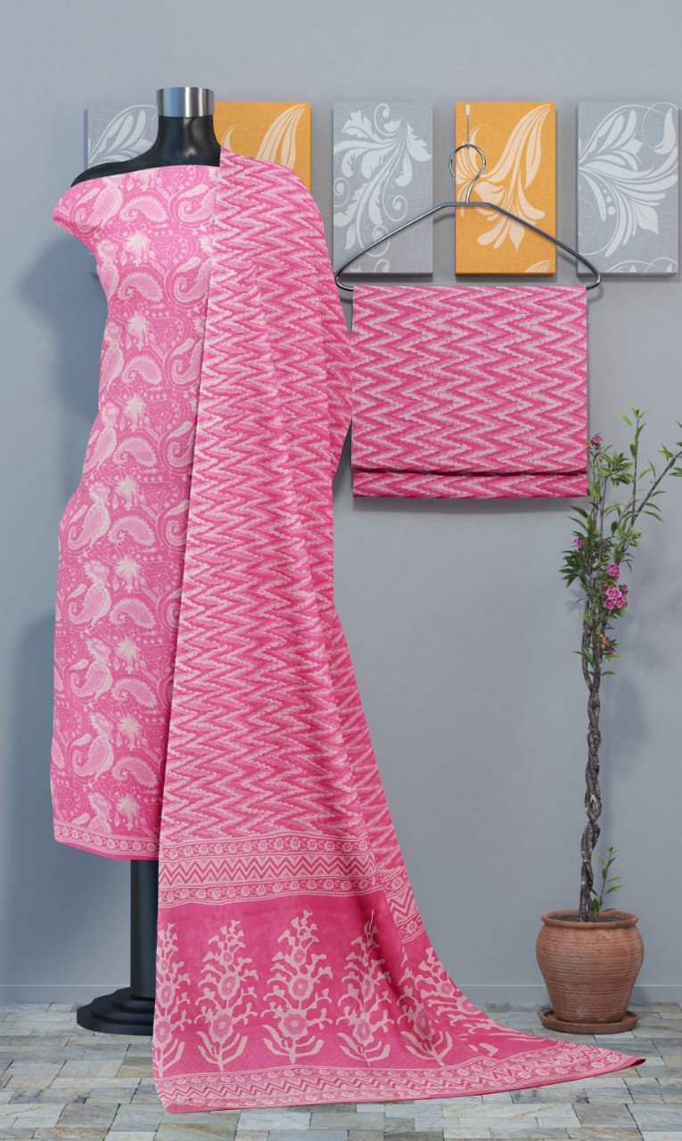 Pure Cotton Hand Block Print Unstitched Suit With Mul Cotton Dupatta.