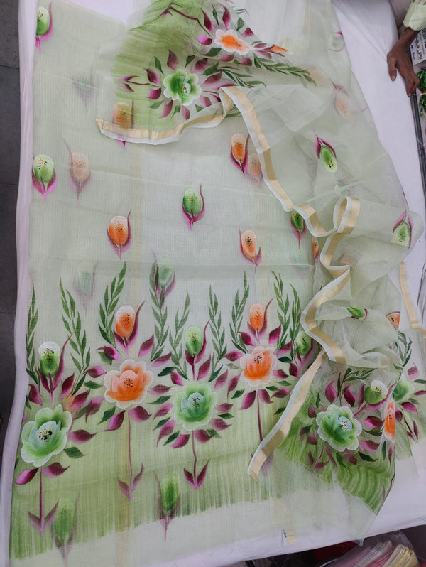 Pure Kota Doriya Hand Brush Print Unstitched Suit With Dupatta & Bottom