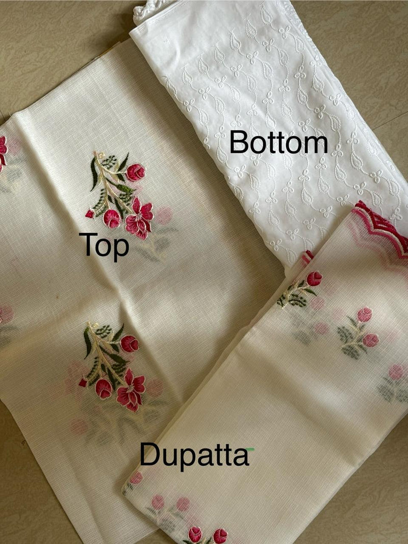 Pure  Kota Doriya Embroidery Unstitched Suit With Dupatta (With Bottom )