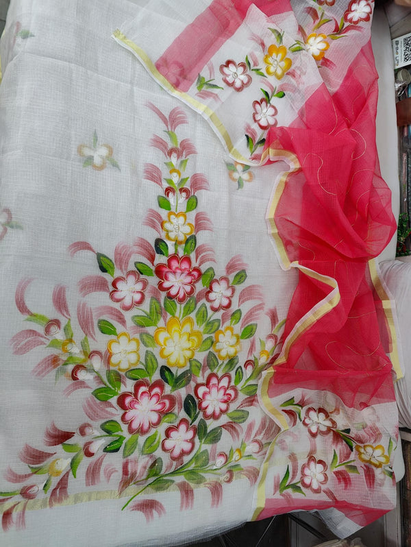 Pure Kota Doriya Hand Brush Print Unstitched Suit With Dupatta & Bottom