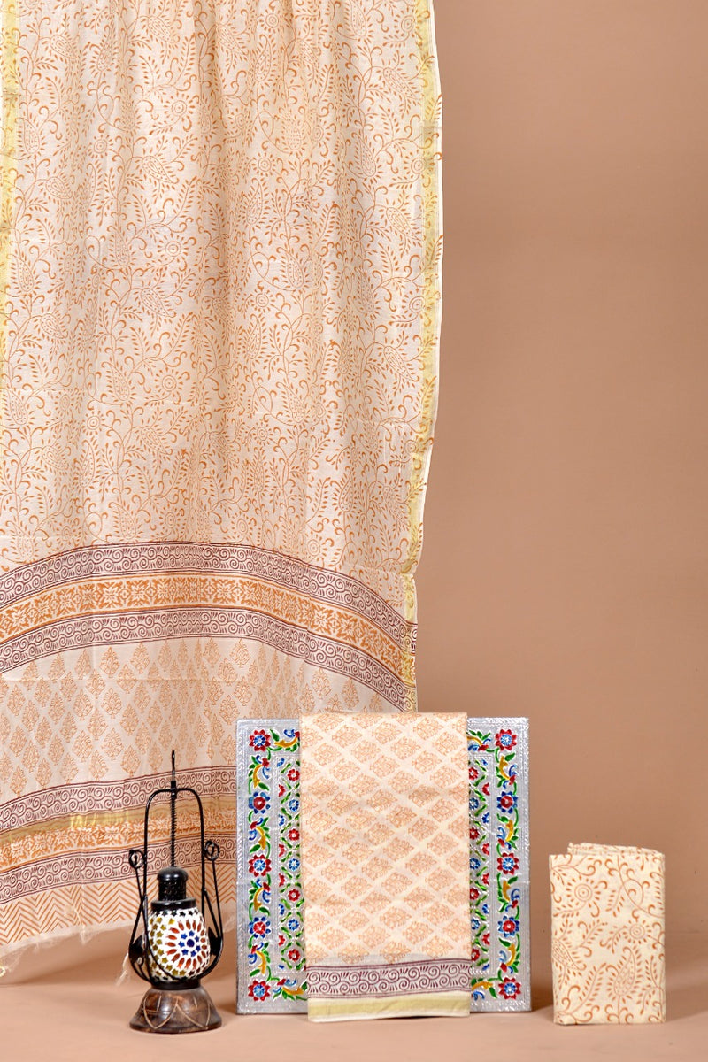 Pure Hand Block Chanderi Silk Unstitched Suit With Chanderi Dupatta