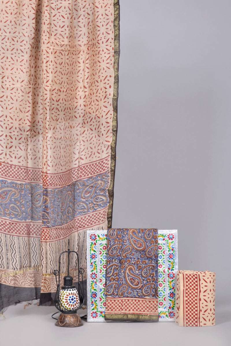 Pure Hand Block Chanderi Silk Unstitched Suit With Chanderi Dupatta