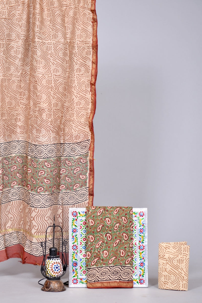 Pure Hand Block Chanderi Silk Unstitched Suit With Chanderi Dupatta