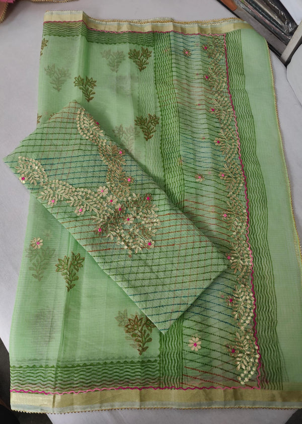 Pure Kota Doriya Gotta Patti Work Leheriya Print Unstitched Suit With Dupatta & Bottom