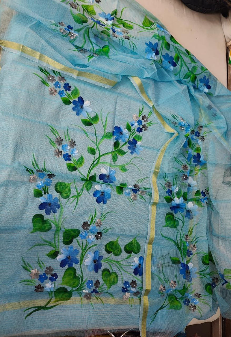 Pure Kota Doriya Hand Brush Print Unstitched Suit With Dupatta & Bottom