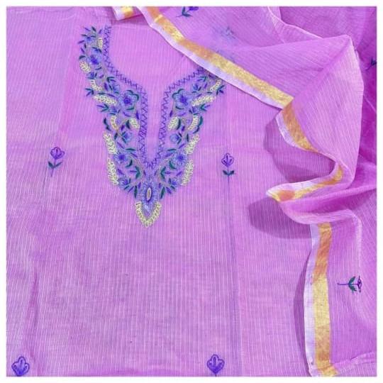 Pure Kota Doriya Embroidery Unstitched Suit With Dupatta & Bottom