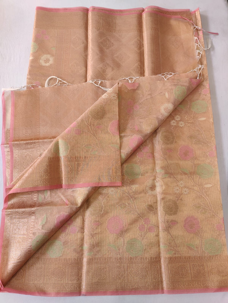 Pure Kota Doriya Tissue By Tissue Floral Jaal  Zari Work Saree With Heavy Work Blouse .