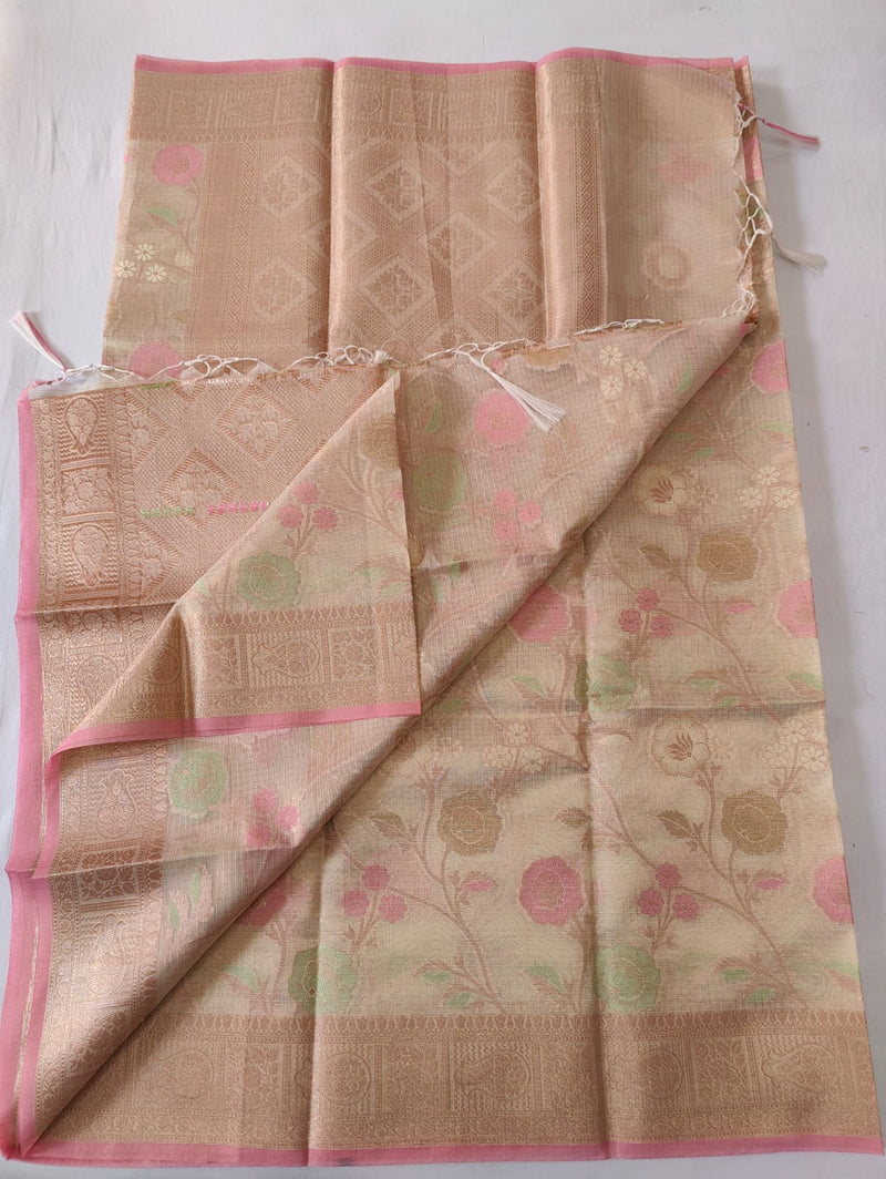 Pure Kota Doriya Tissue By Tissue Floral Jaal  Zari Work Saree With Heavy Work Blouse .