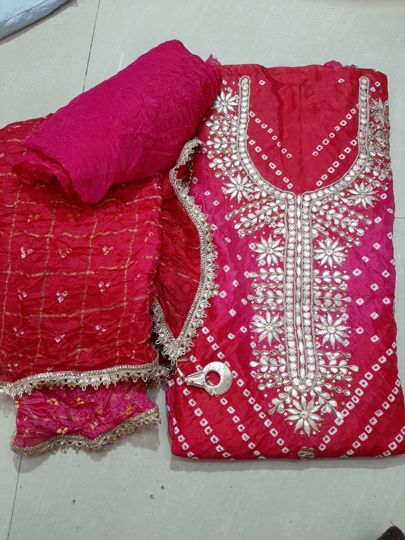 Pink Color Bandhej Gota Patti Kundan Work Unstitched Suit With Bandhej Gota Patti Work Dupatta