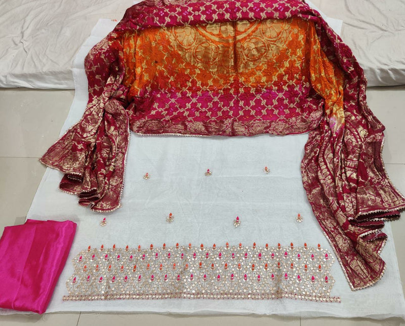 Pure Chanderi Gotta pati Zardozi Work Unstitched Suit With Bandhej Banarasi Silk Dupatta