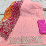 Pure Chanderi Gotta pati Zardozi Work Unstitched Suit With Bandhej Banarasi Silk Dupatta