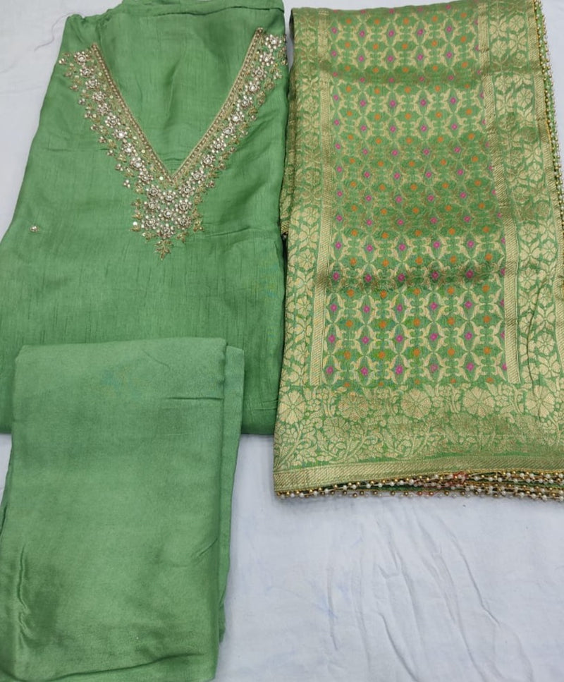 Khaddi Silk Heavy Neck Work Unstitched Suit With Meean Bandhej Dola Silk Dupatta