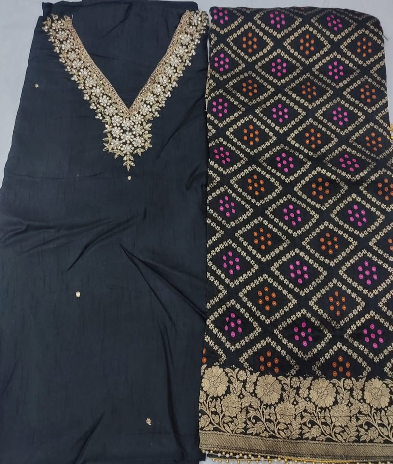 Khaddi Silk Heavy Neck Work Unstitched Suit With Meean Bandhej Dola Silk Dupatta