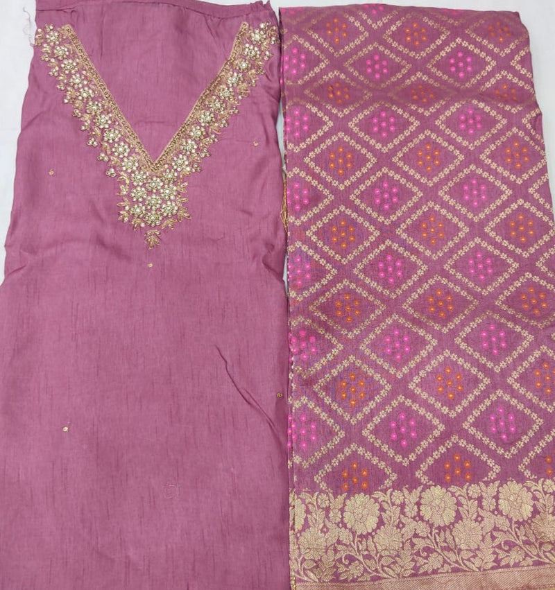 Khaddi Silk Heavy Neck Work Unstitched Suit With Meean Bandhej Dola Silk Dupatta