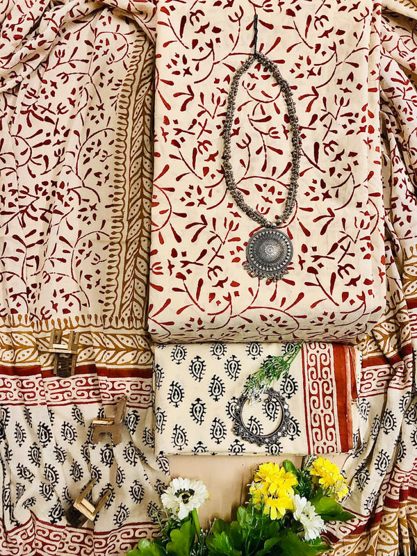 Pure Cotton Jaipuri Hand Block Print Unstitched Suit With Mul Cotton Dupatta.