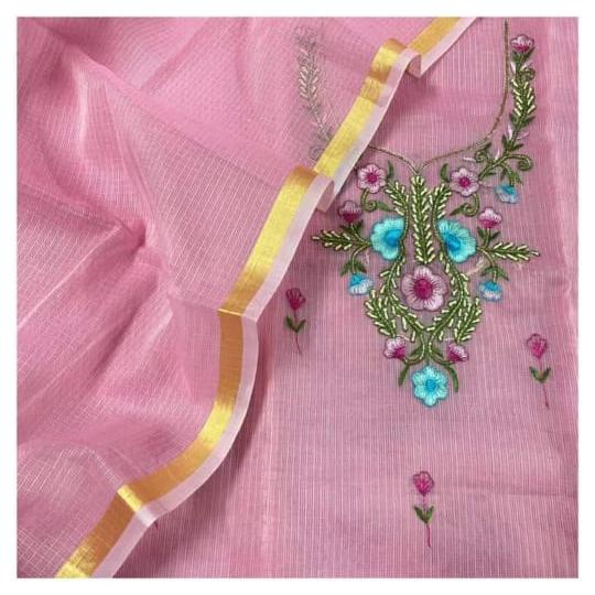 Pure Kota Doriya Embroidery Unstitched Suit With Dupatta & Bottom