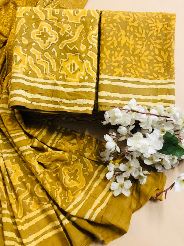 Pure Cotton Jaipuri Hand Block Print Unstitched Suit With Mul Cotton Dupatta.